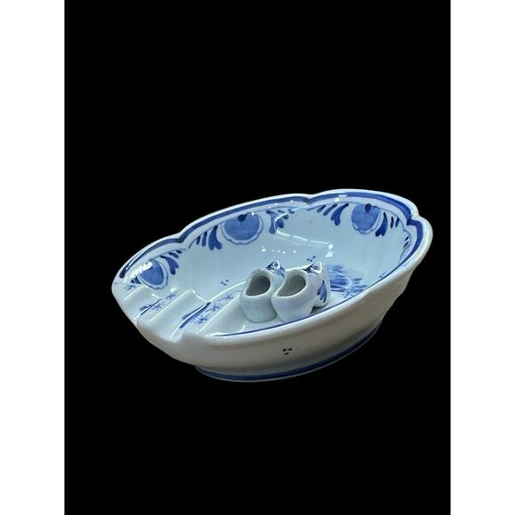 Vintage Delft Holland Cigar Smoking Ashtray Dutch Windmill Shoes Cobalt Blue - Picture 3 of 5